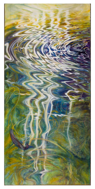 painting of a rippling body of water, reflecting light, with a fish swimming in it