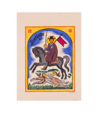 Person on horseback holding a flag and a sword over two bodies on the floor