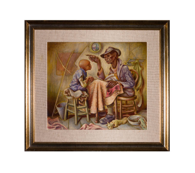 Painting of a Black adult reading to a Black child sitting in a room with fabrics