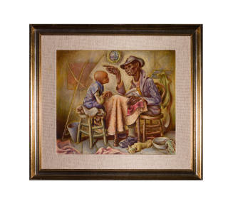 Painting of a Black adult reading to a Black child sitting in a room with fabrics